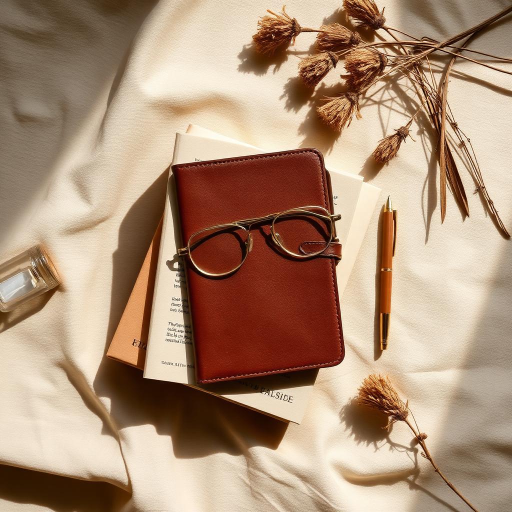Overhead flat lay of a leather notebook, stacked books, brass reading glasses, and a gold pen on cream linen