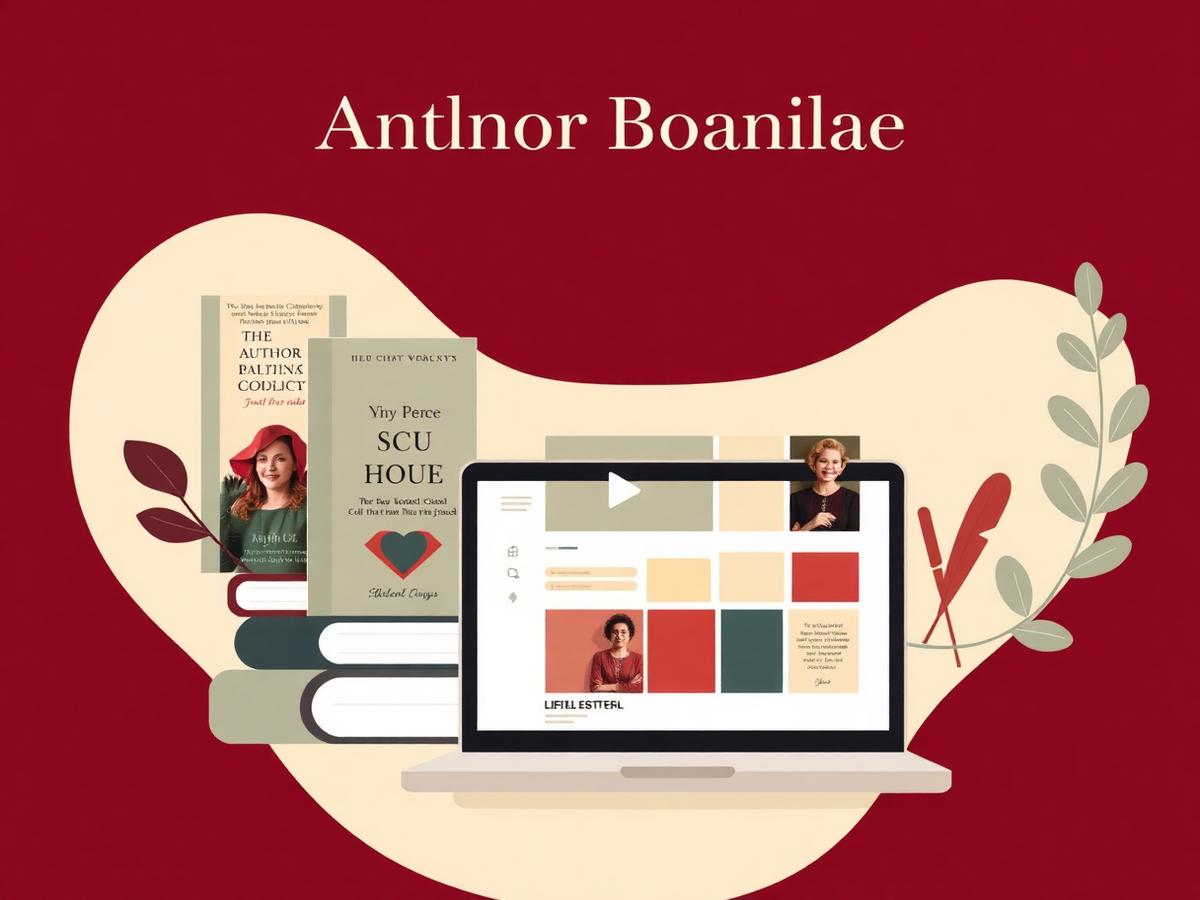 Illustration of book cover mockups, a video teaser and an author website on a laptop