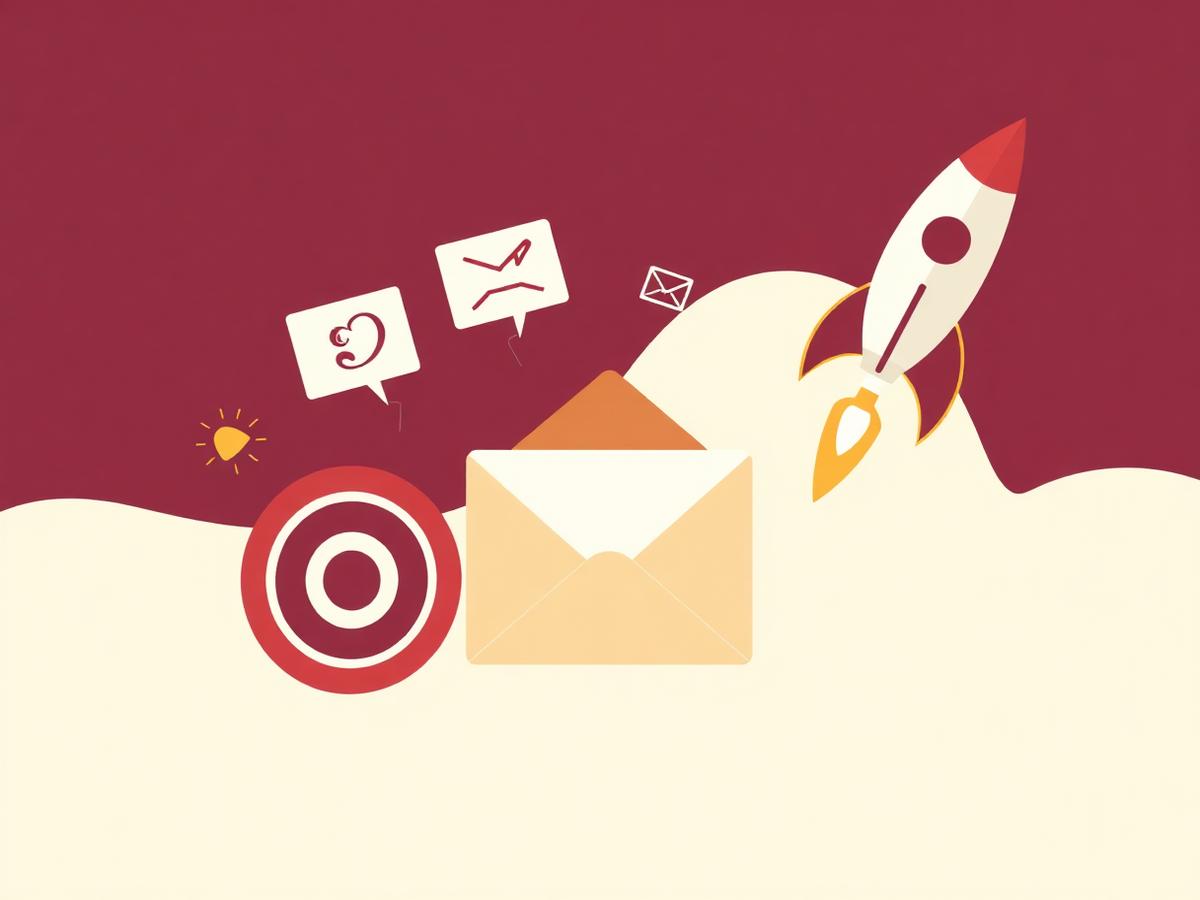 Illustration of social engagement icons, a newsletter envelope, ad target and rocket