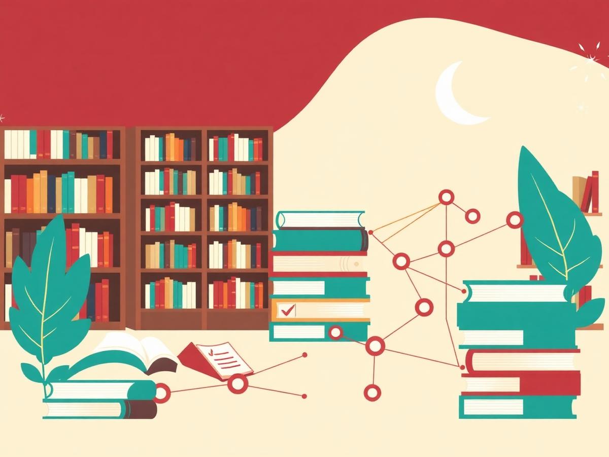 Illustration of library shelves, stacked books and a reader community network