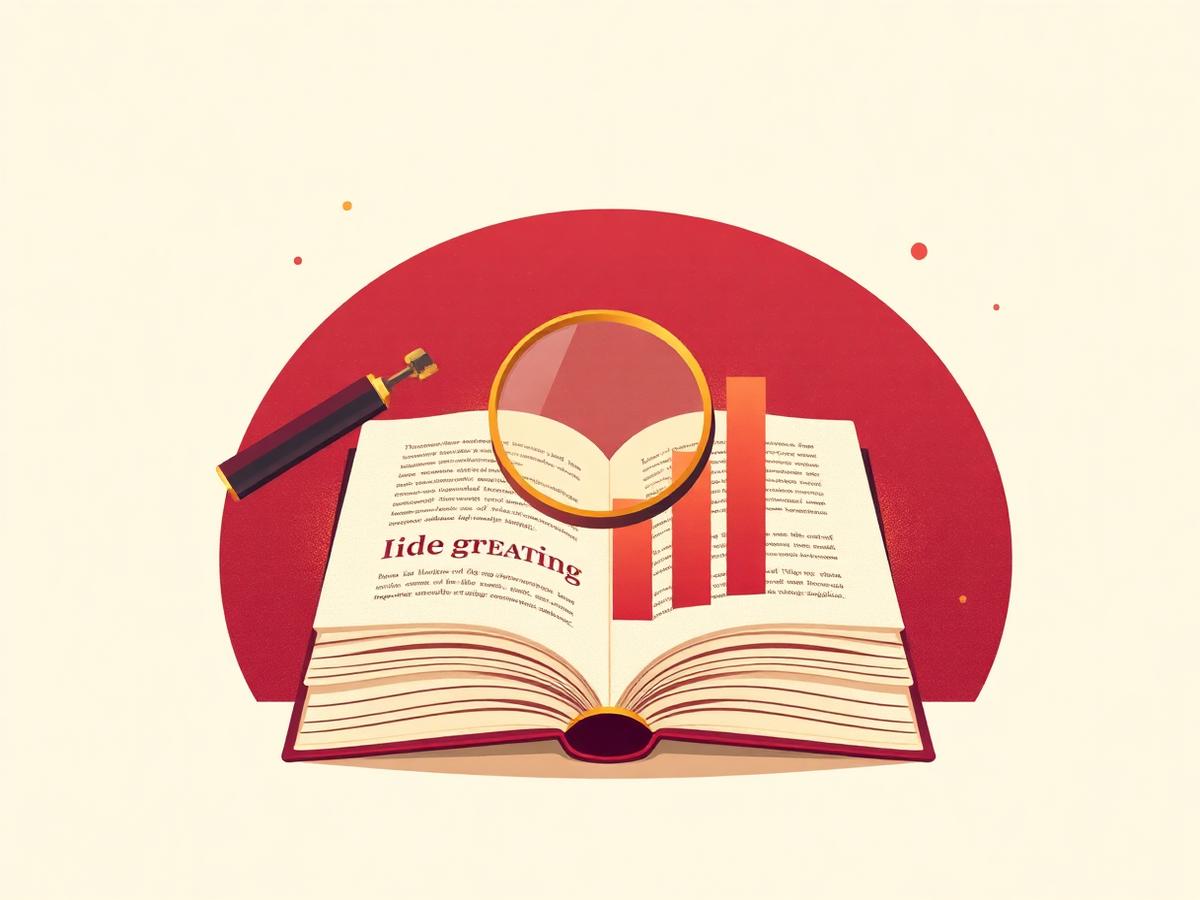 Illustration of an open book with a magnifying glass and rising sales chart